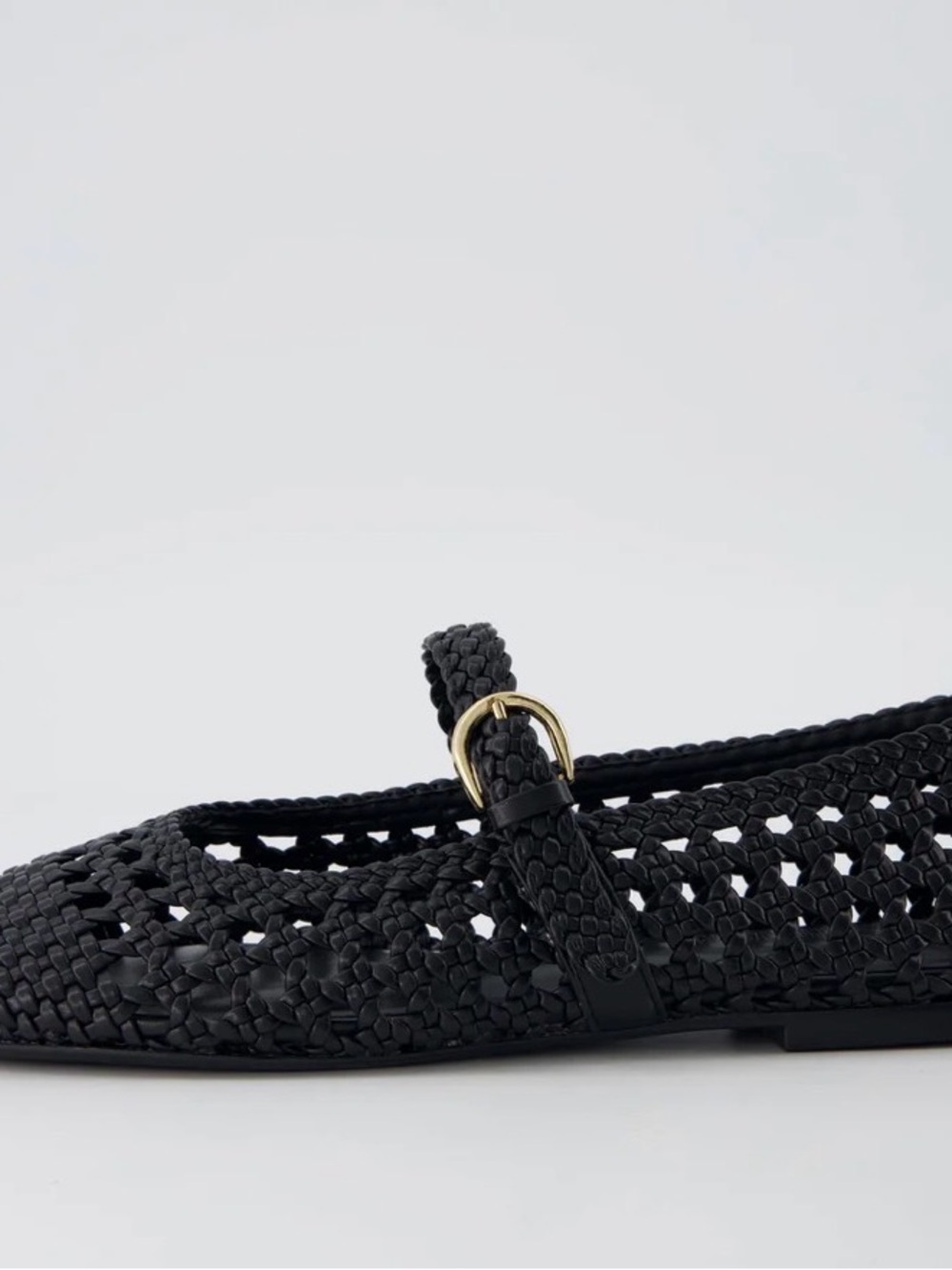Black Woven Mary Jane Flat with Gold Buckle Accent